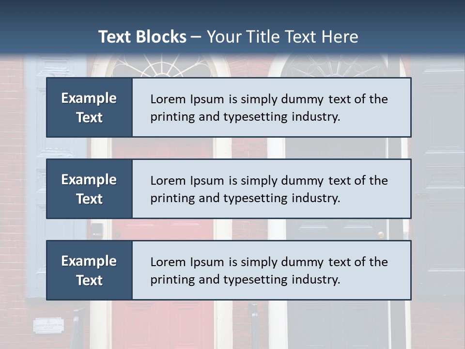 A Red Brick Building With Blue Shutters And A Red Door PowerPoint Template