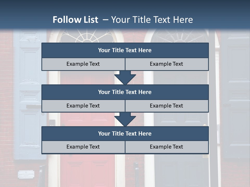 A Red Brick Building With Blue Shutters And A Red Door PowerPoint Template