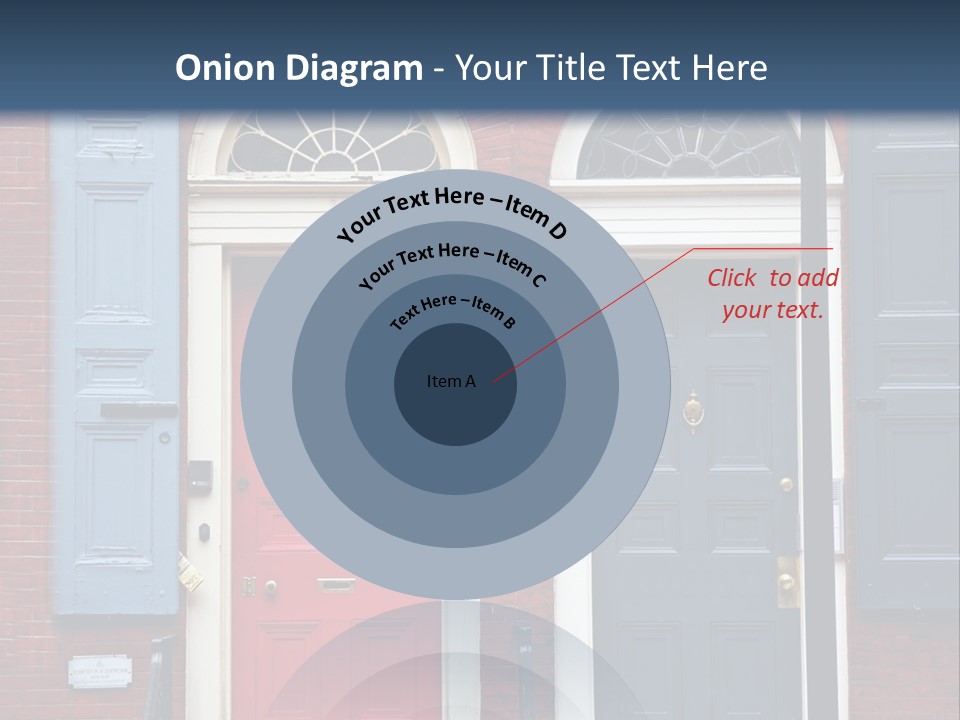 A Red Brick Building With Blue Shutters And A Red Door PowerPoint Template
