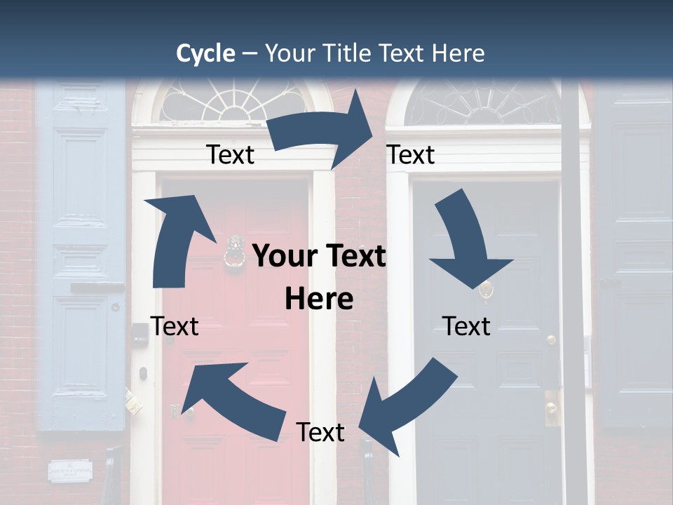 A Red Brick Building With Blue Shutters And A Red Door PowerPoint Template