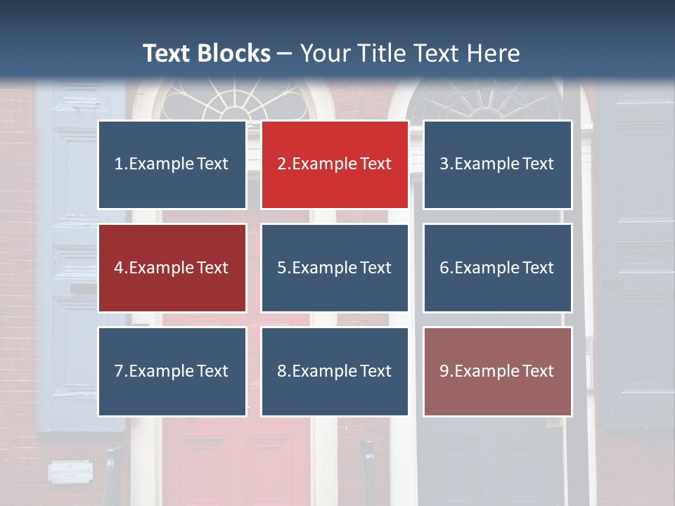 A Red Brick Building With Blue Shutters And A Red Door PowerPoint Template
