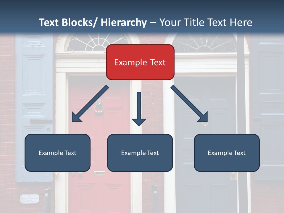 A Red Brick Building With Blue Shutters And A Red Door PowerPoint Template