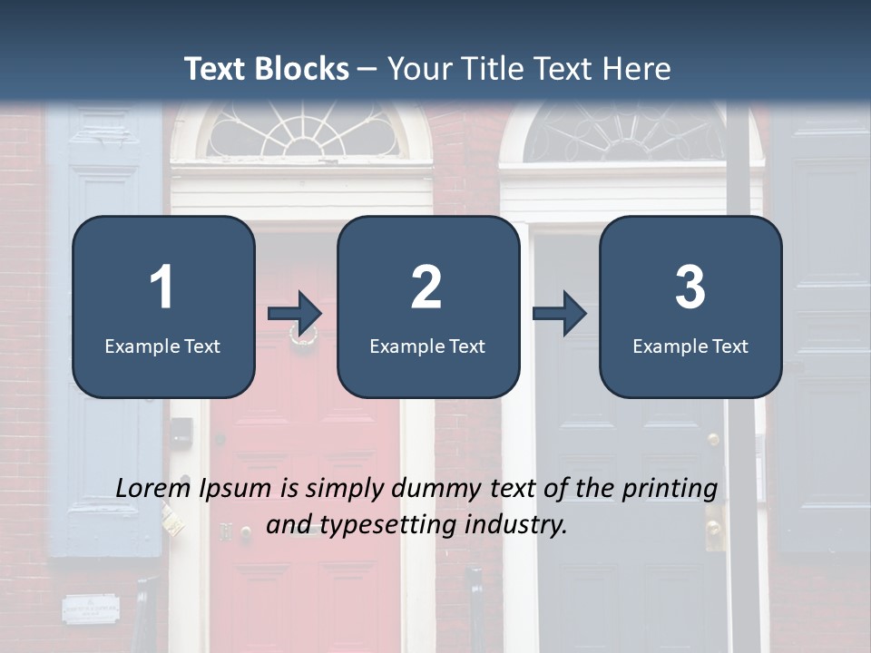 A Red Brick Building With Blue Shutters And A Red Door PowerPoint Template