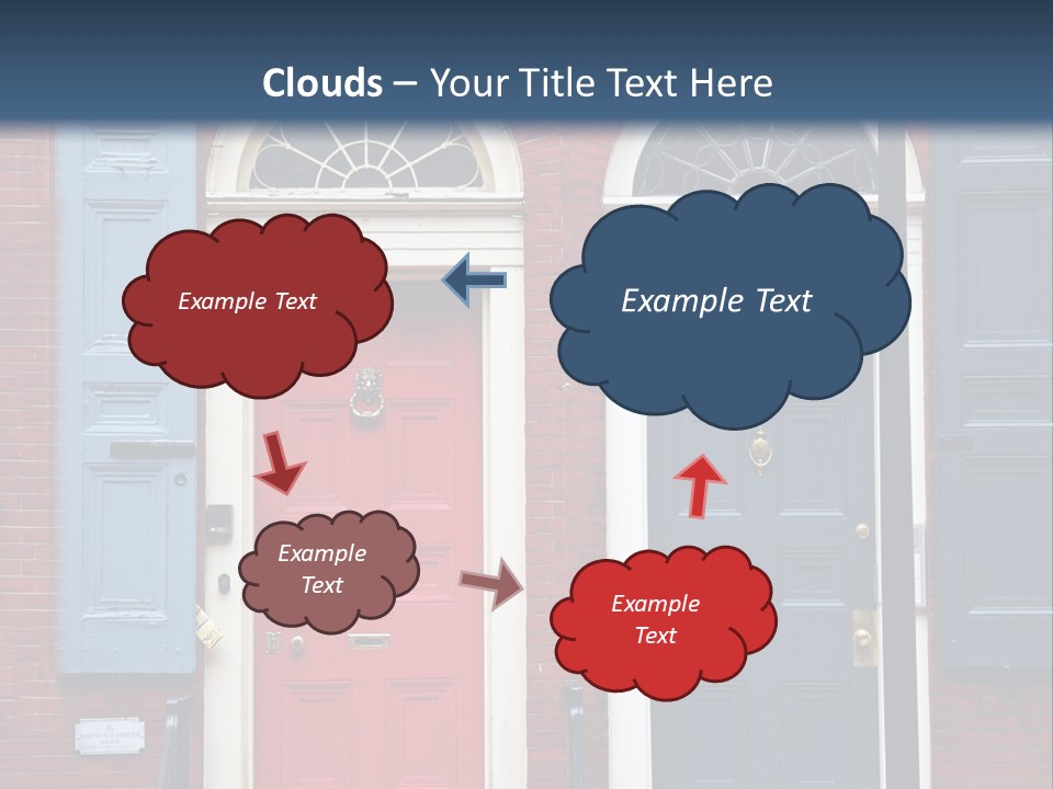 A Red Brick Building With Blue Shutters And A Red Door PowerPoint Template