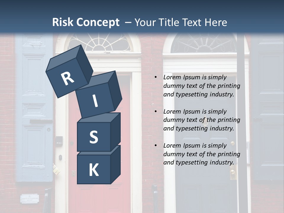 A Red Brick Building With Blue Shutters And A Red Door PowerPoint Template