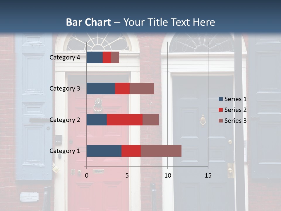 A Red Brick Building With Blue Shutters And A Red Door PowerPoint Template