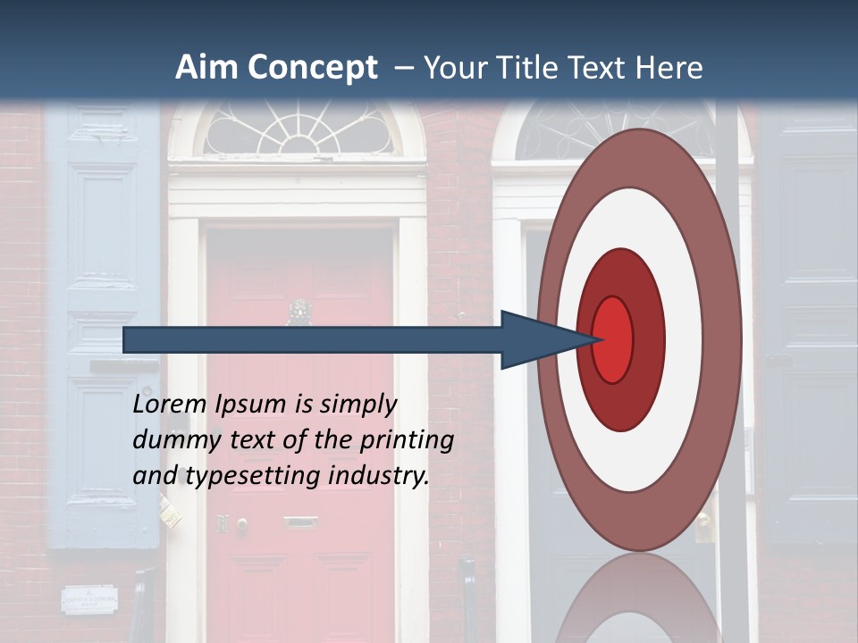 A Red Brick Building With Blue Shutters And A Red Door PowerPoint Template
