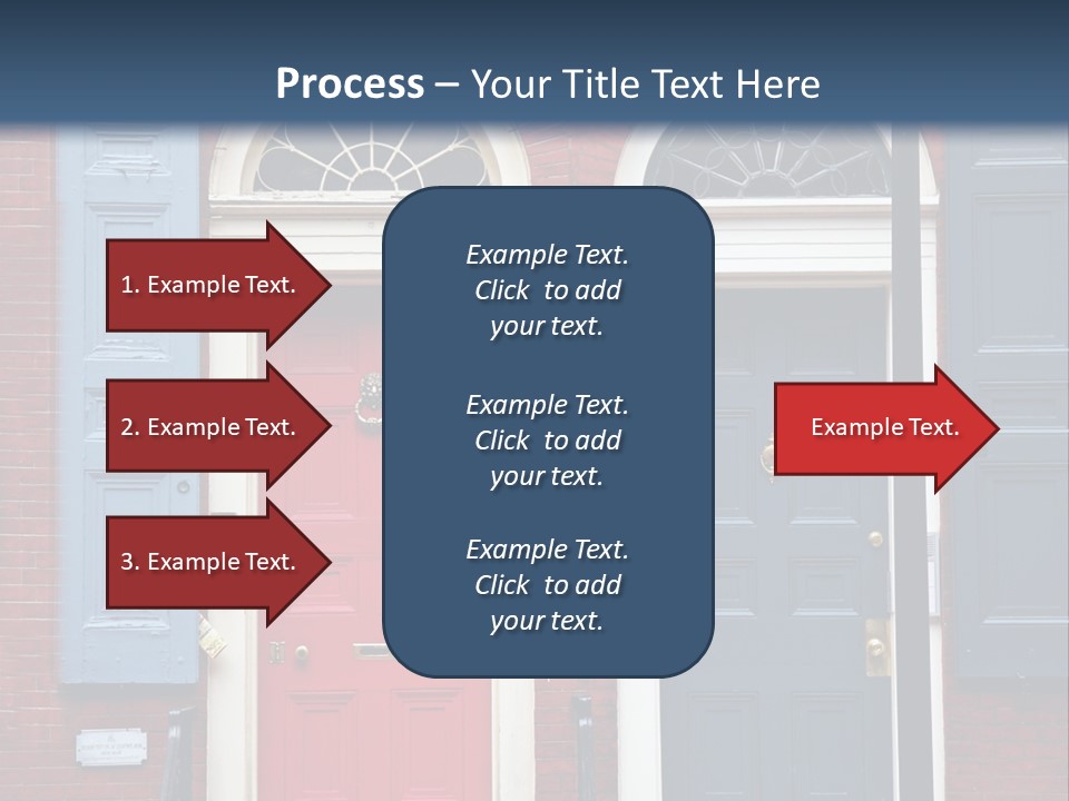 A Red Brick Building With Blue Shutters And A Red Door PowerPoint Template