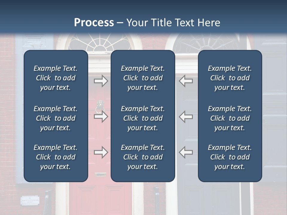 A Red Brick Building With Blue Shutters And A Red Door PowerPoint Template