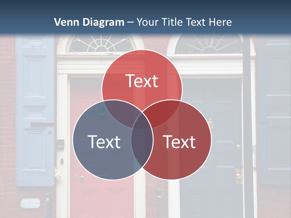 A Red Brick Building With Blue Shutters And A Red Door PowerPoint Template