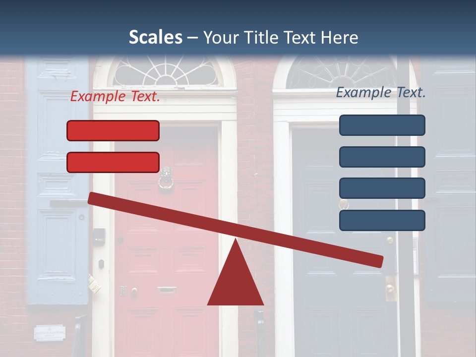 A Red Brick Building With Blue Shutters And A Red Door PowerPoint Template