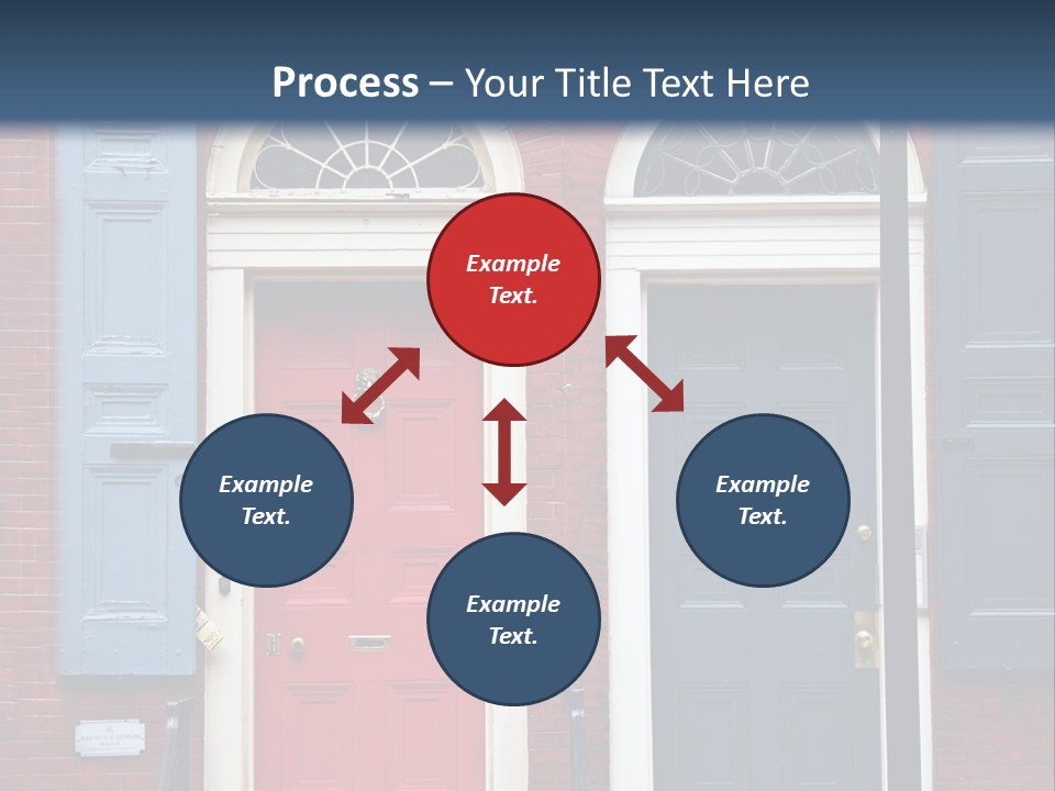 A Red Brick Building With Blue Shutters And A Red Door PowerPoint Template
