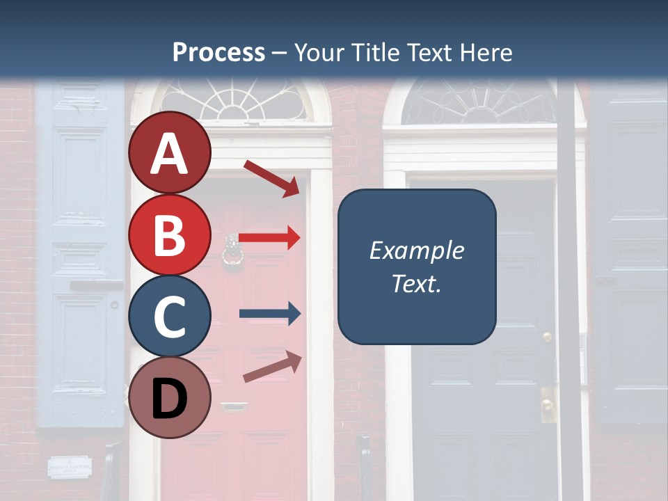 A Red Brick Building With Blue Shutters And A Red Door PowerPoint Template