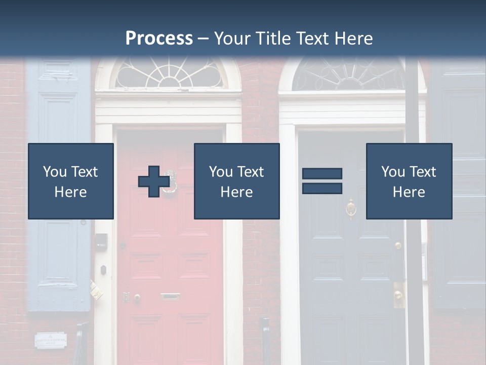 A Red Brick Building With Blue Shutters And A Red Door PowerPoint Template