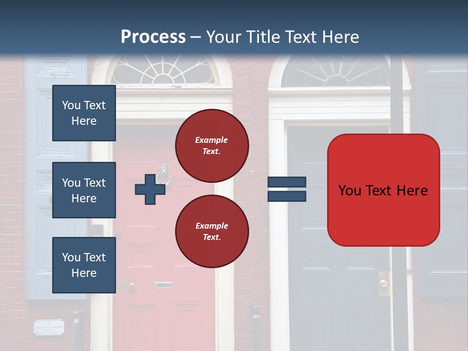 A Red Brick Building With Blue Shutters And A Red Door PowerPoint Template