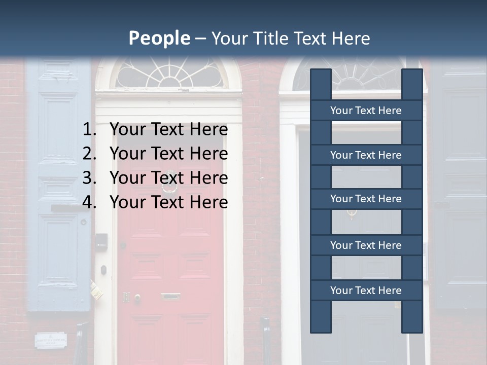 A Red Brick Building With Blue Shutters And A Red Door PowerPoint Template