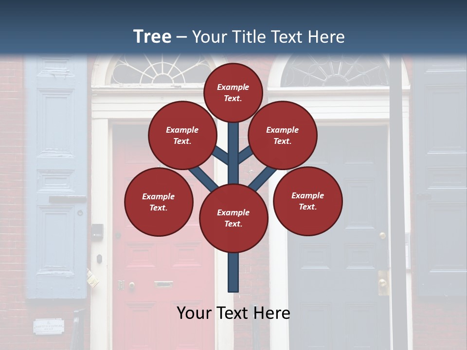 A Red Brick Building With Blue Shutters And A Red Door PowerPoint Template