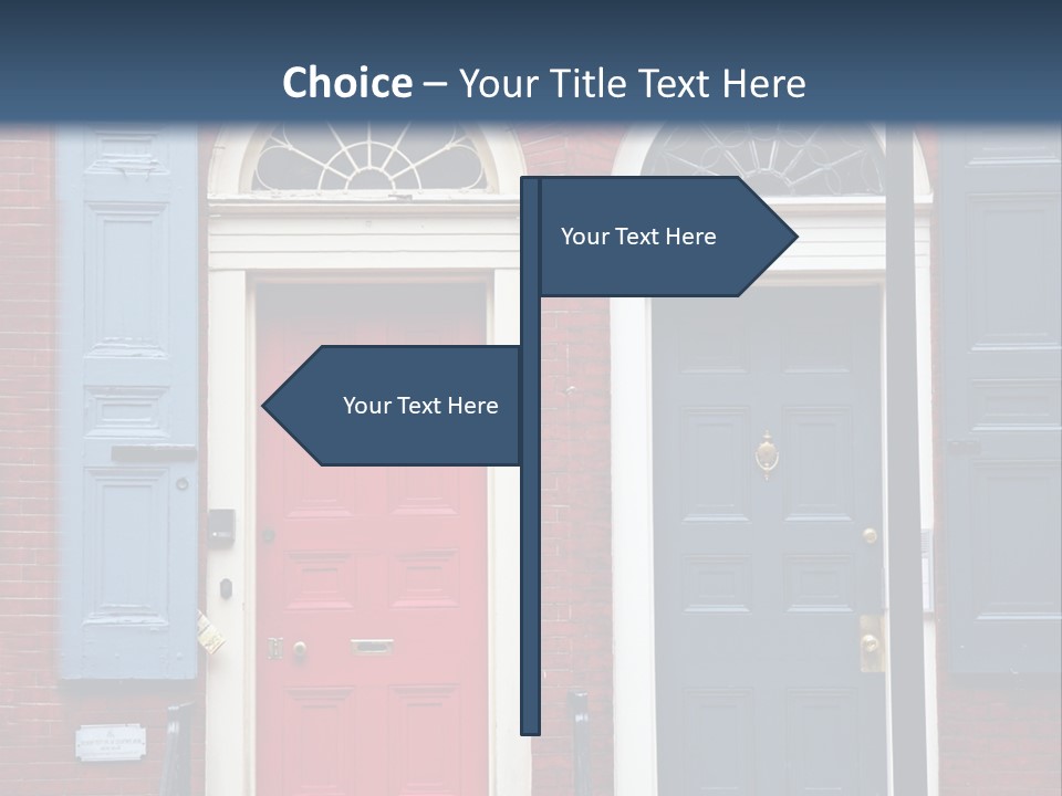A Red Brick Building With Blue Shutters And A Red Door PowerPoint Template