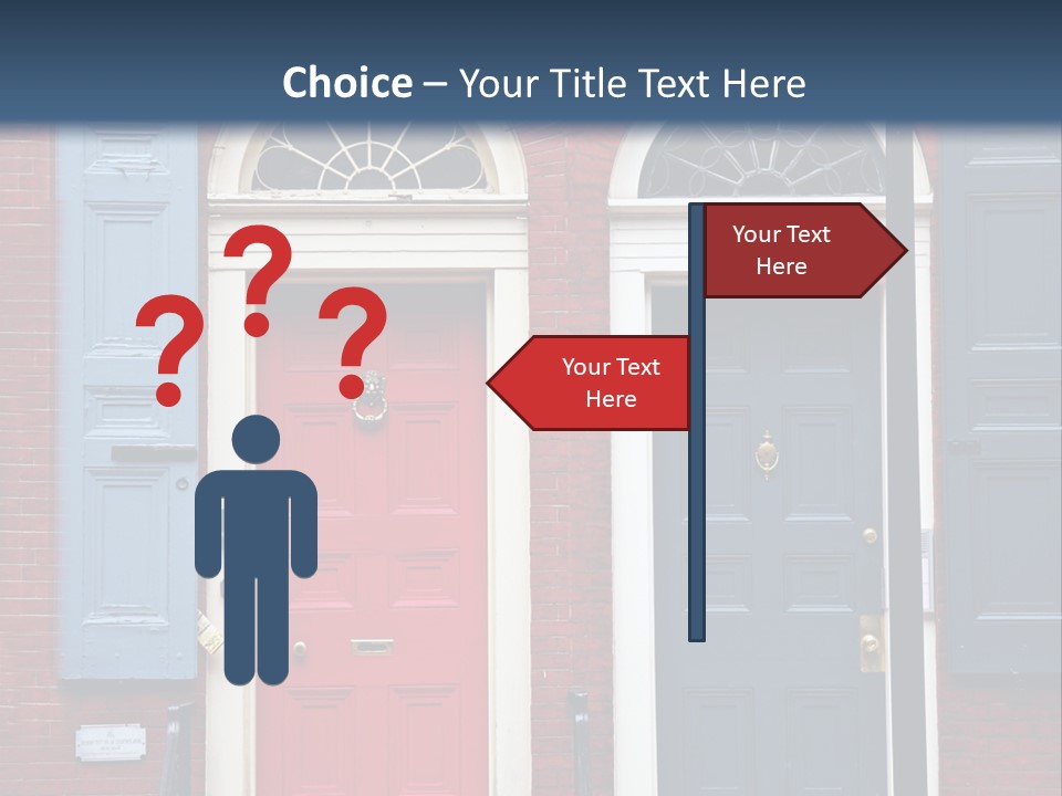 A Red Brick Building With Blue Shutters And A Red Door PowerPoint Template