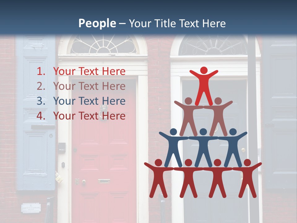 A Red Brick Building With Blue Shutters And A Red Door PowerPoint Template