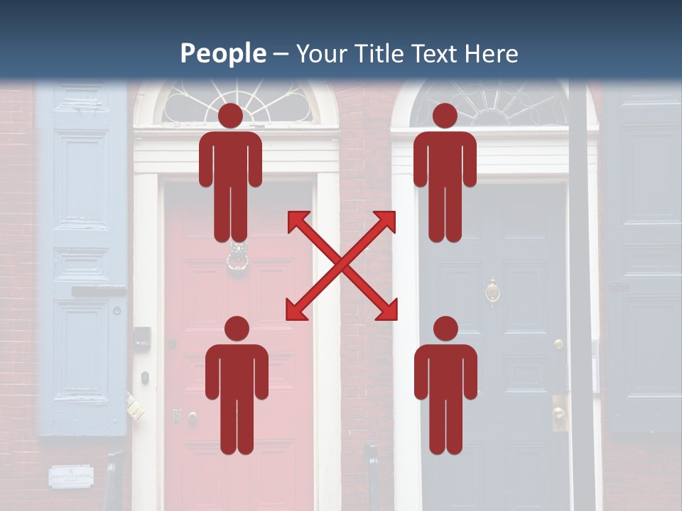 A Red Brick Building With Blue Shutters And A Red Door PowerPoint Template