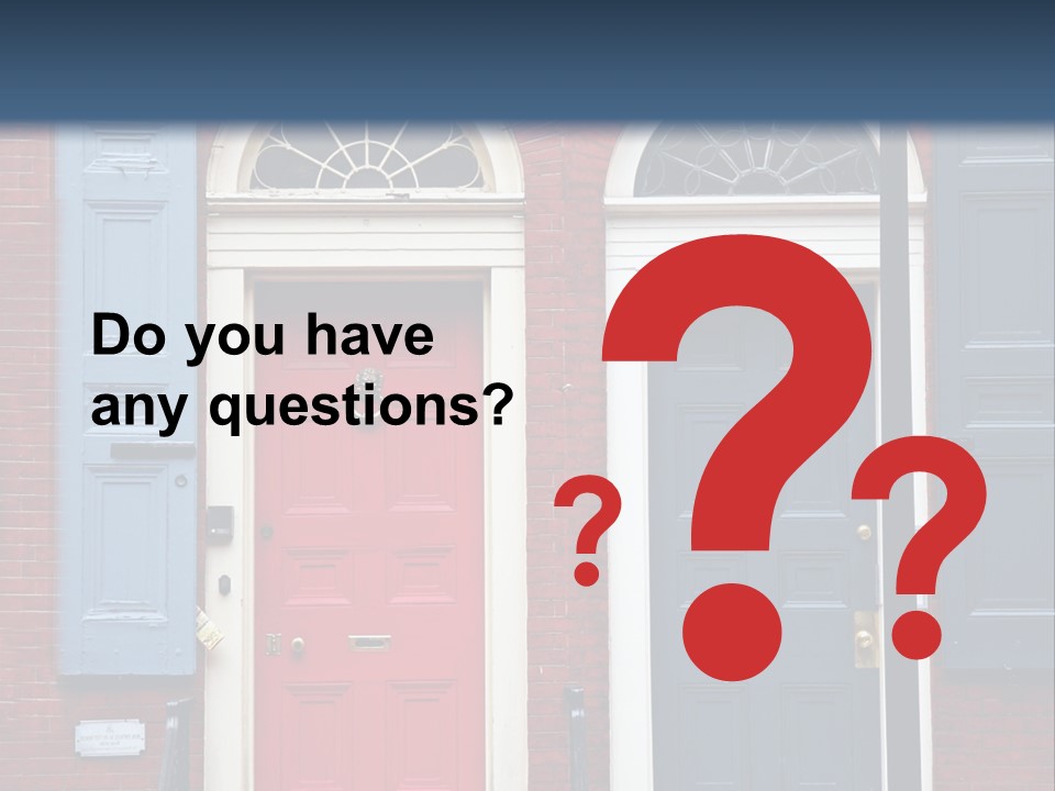 A Red Brick Building With Blue Shutters And A Red Door PowerPoint Template