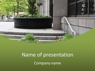 A Green And White Presentation With Steps And A Planter PowerPoint Template