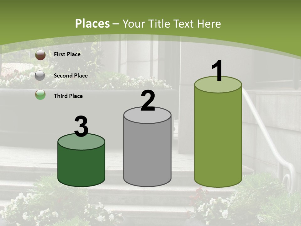 A Green And White Presentation With Steps And A Planter PowerPoint Template