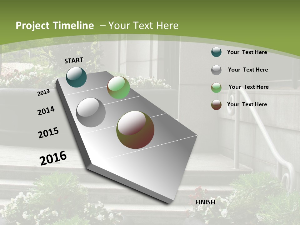 A Green And White Presentation With Steps And A Planter PowerPoint Template