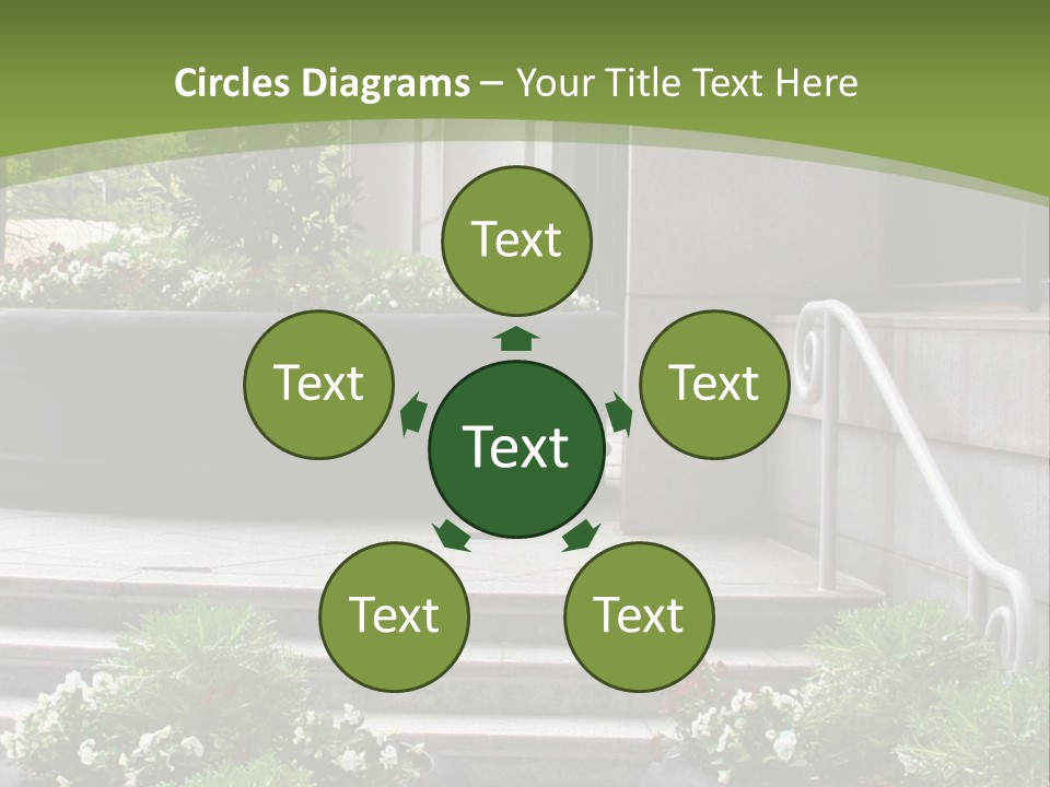 A Green And White Presentation With Steps And A Planter PowerPoint Template