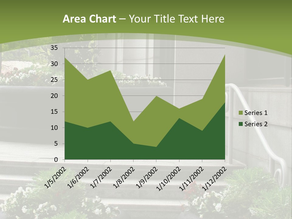 A Green And White Presentation With Steps And A Planter PowerPoint Template