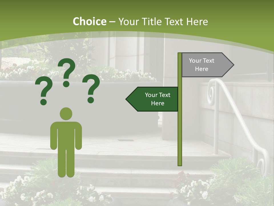A Green And White Presentation With Steps And A Planter PowerPoint Template