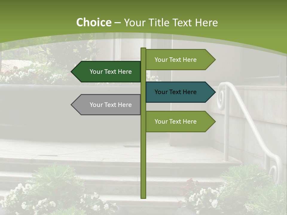 A Green And White Presentation With Steps And A Planter PowerPoint Template