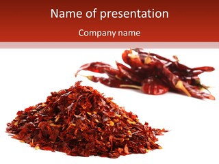 Pile Of Hot Red Chilli Chillies Pepper, Dried And Crushed. Second Pile Of Whole Chillies On Background. Shallow Dof, Isolated On White PowerPoint Template