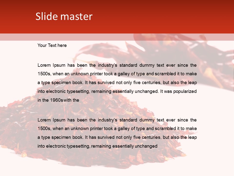 Pile Of Hot Red Chilli Chillies Pepper, Dried And Crushed. Second Pile Of Whole Chillies On Background. Shallow Dof, Isolated On White PowerPoint Template