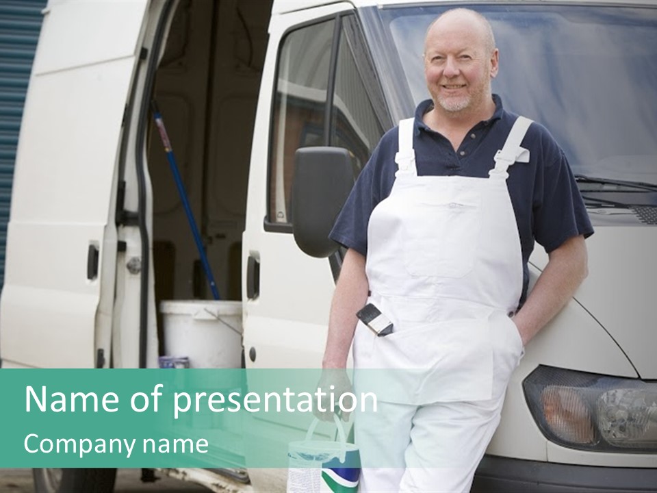 Decorator Standing Next To White Van PowerPoint Template