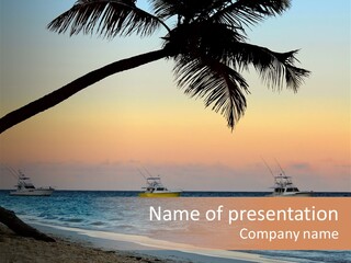 Palm Tree And Fishing Boats At Tropical Beach At Sunset. Focus On Palm Tree. PowerPoint Template