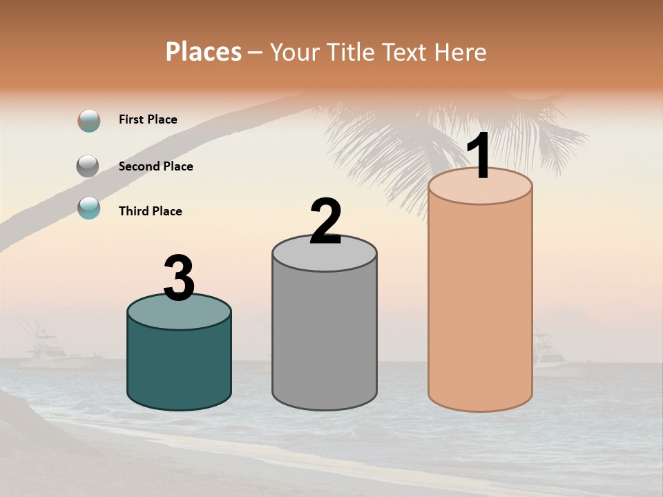 Palm Tree And Fishing Boats At Tropical Beach At Sunset. Focus On Palm Tree. PowerPoint Template