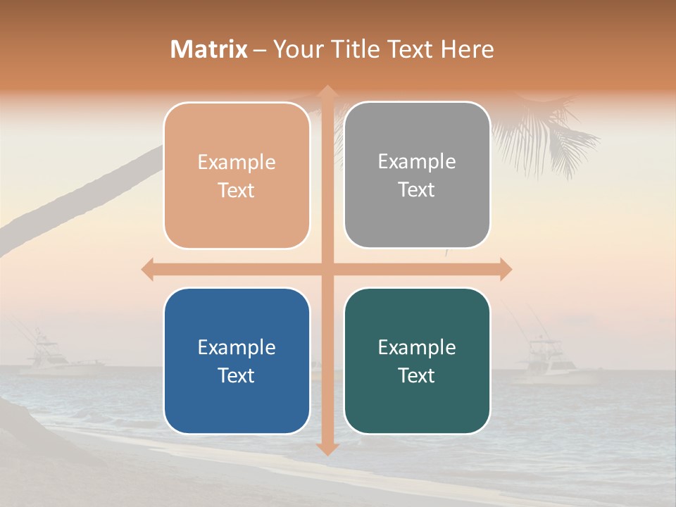 Palm Tree And Fishing Boats At Tropical Beach At Sunset. Focus On Palm Tree. PowerPoint Template