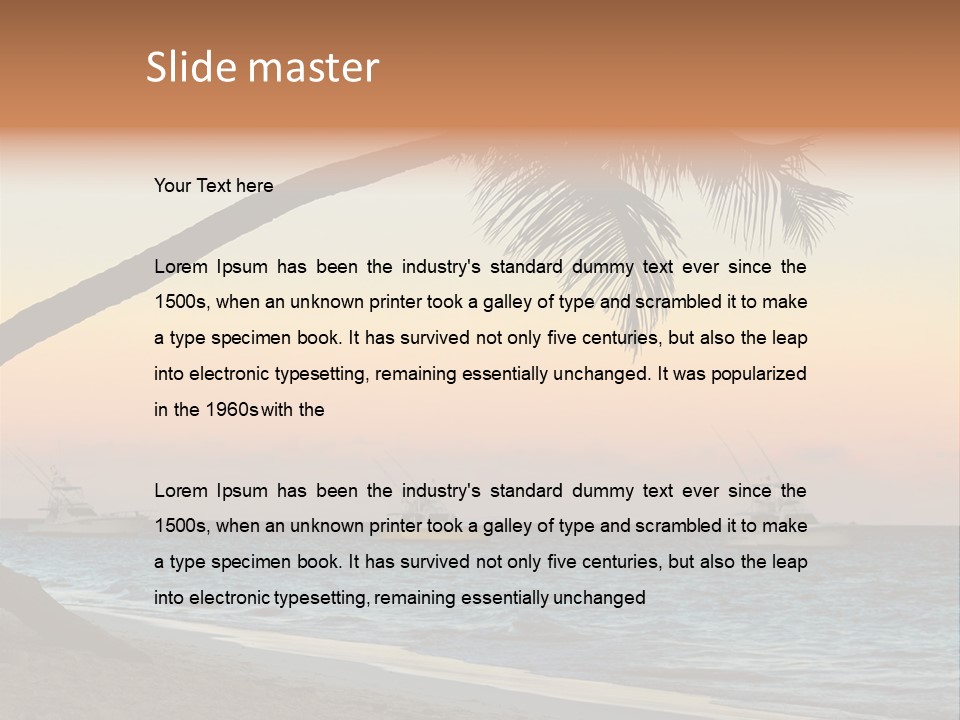 Palm Tree And Fishing Boats At Tropical Beach At Sunset. Focus On Palm Tree. PowerPoint Template