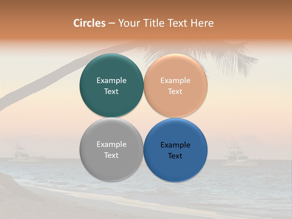 Palm Tree And Fishing Boats At Tropical Beach At Sunset. Focus On Palm Tree. PowerPoint Template