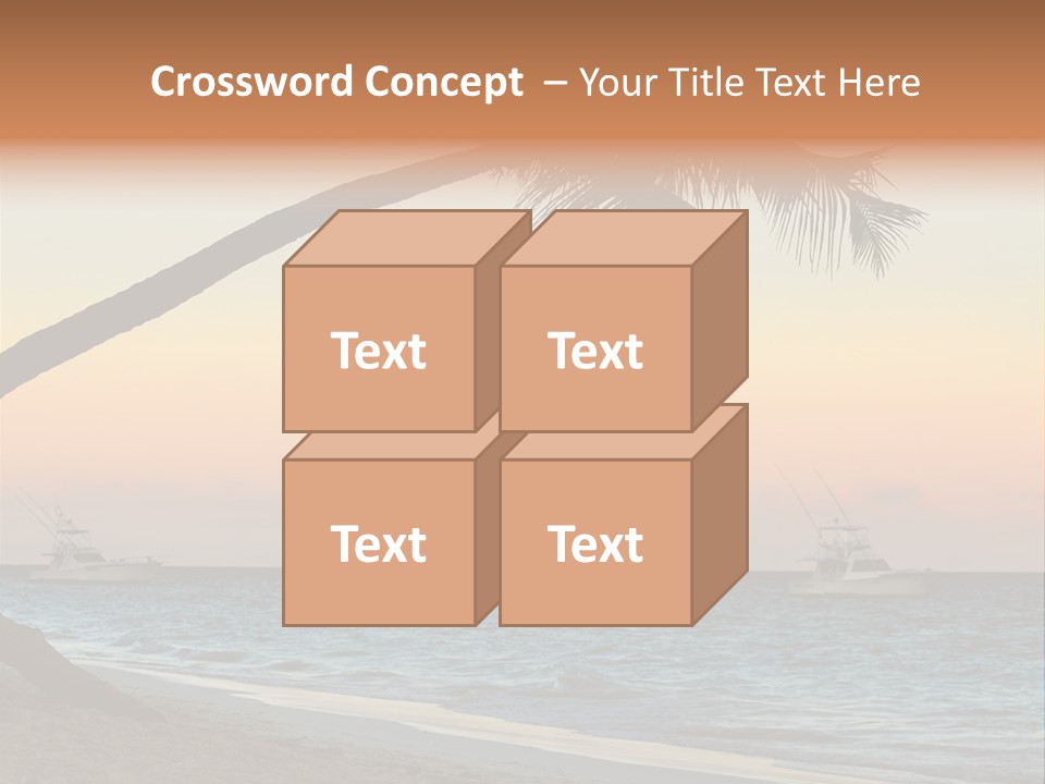 Palm Tree And Fishing Boats At Tropical Beach At Sunset. Focus On Palm Tree. PowerPoint Template