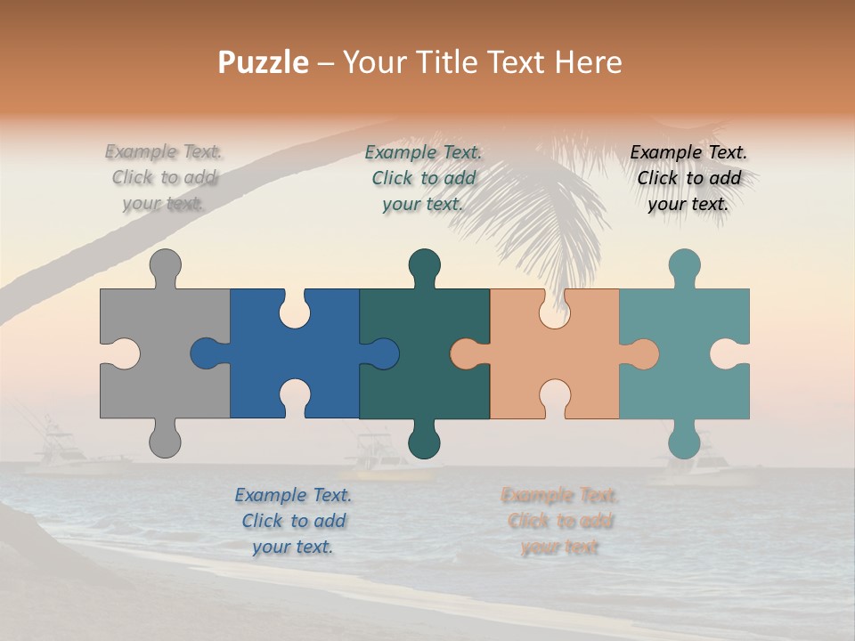 Palm Tree And Fishing Boats At Tropical Beach At Sunset. Focus On Palm Tree. PowerPoint Template