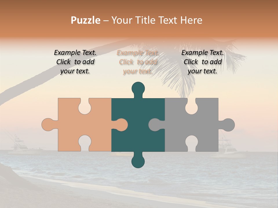 Palm Tree And Fishing Boats At Tropical Beach At Sunset. Focus On Palm Tree. PowerPoint Template