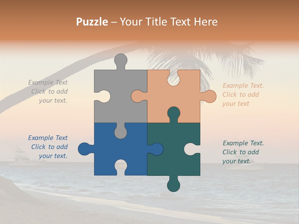 Palm Tree And Fishing Boats At Tropical Beach At Sunset. Focus On Palm Tree. PowerPoint Template