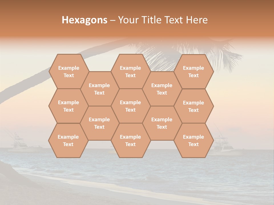 Palm Tree And Fishing Boats At Tropical Beach At Sunset. Focus On Palm Tree. PowerPoint Template