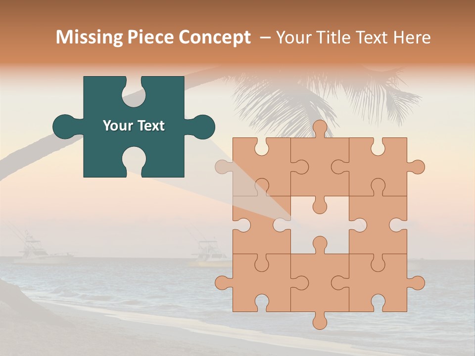 Palm Tree And Fishing Boats At Tropical Beach At Sunset. Focus On Palm Tree. PowerPoint Template