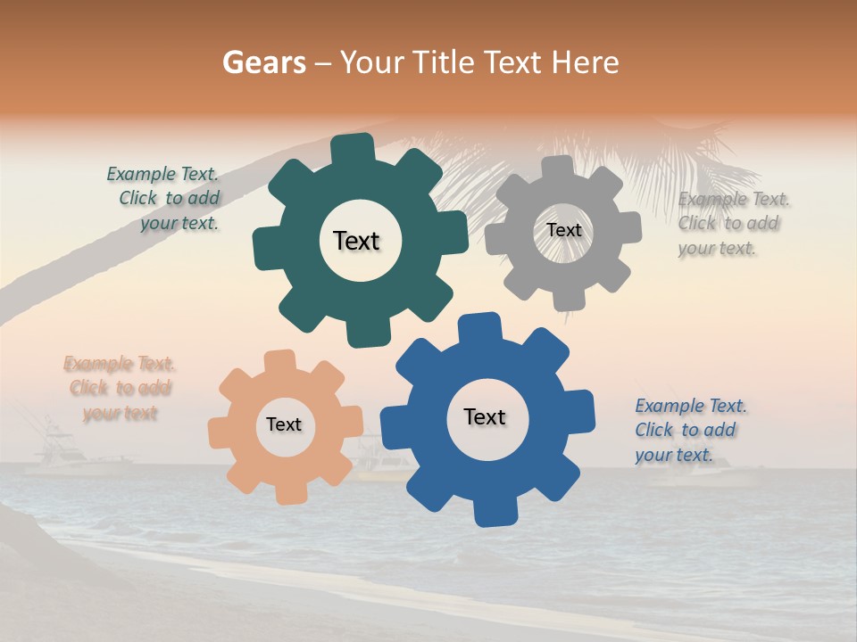 Palm Tree And Fishing Boats At Tropical Beach At Sunset. Focus On Palm Tree. PowerPoint Template