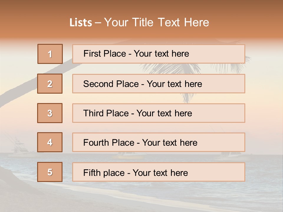 Palm Tree And Fishing Boats At Tropical Beach At Sunset. Focus On Palm Tree. PowerPoint Template
