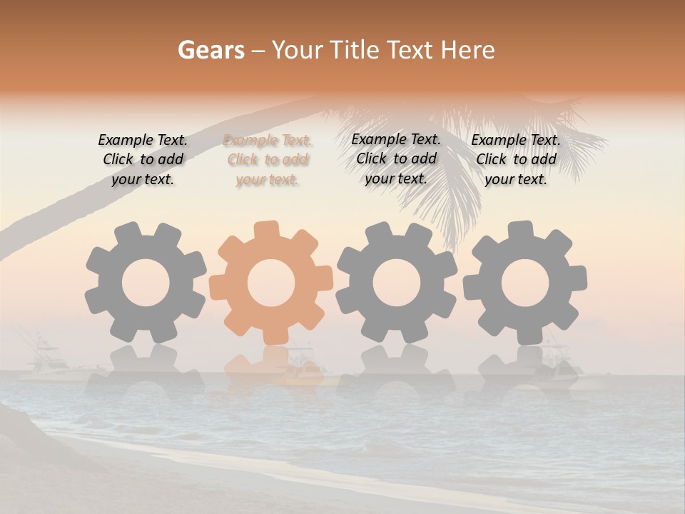 Palm Tree And Fishing Boats At Tropical Beach At Sunset. Focus On Palm Tree. PowerPoint Template